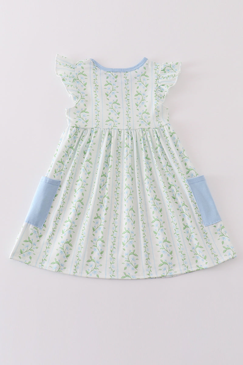 Blue Botanical Print Girl Dress