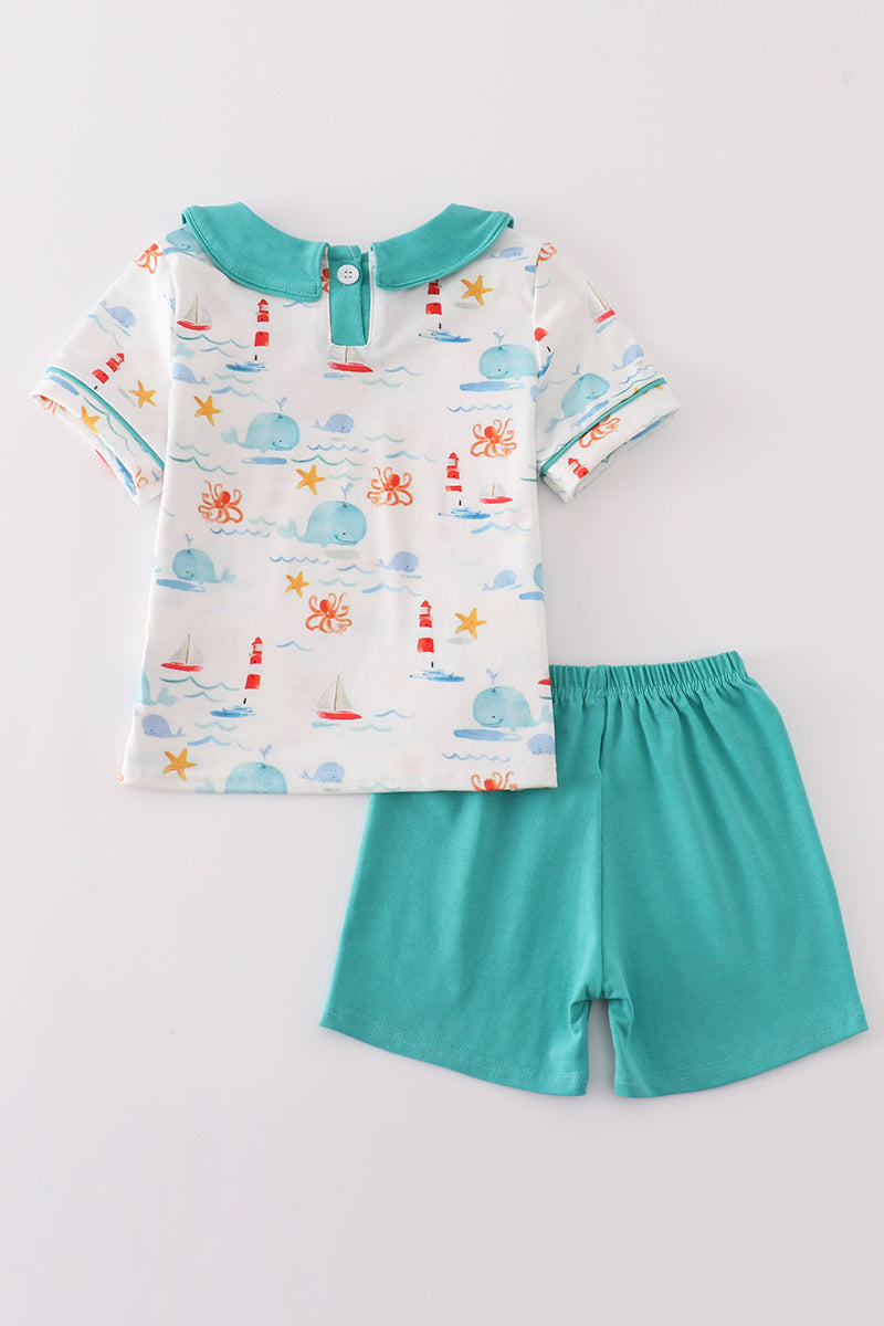 Whale Lighthouse Print Boy Set