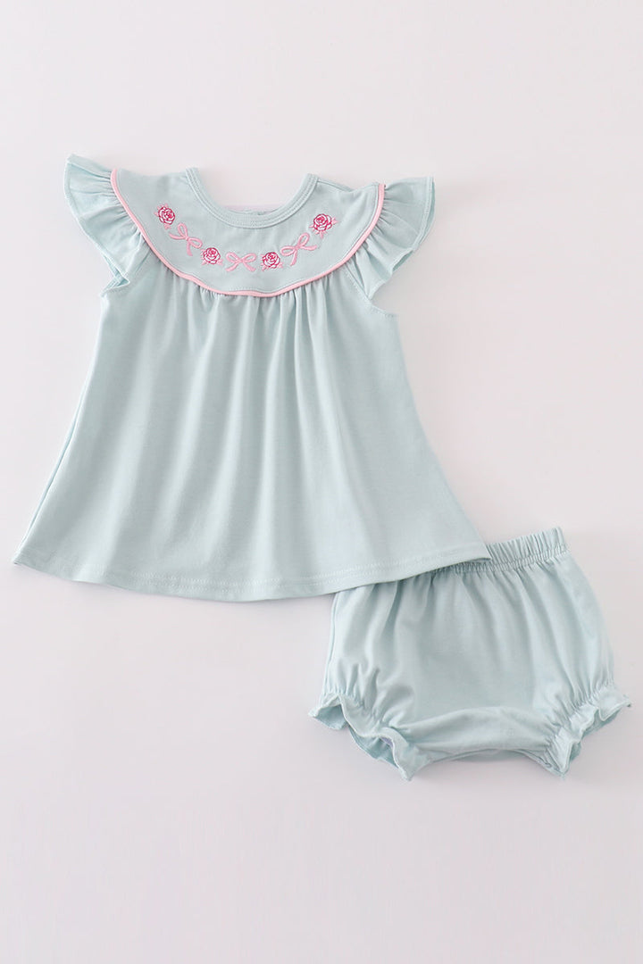 Blue Floral Bow Embroidery Girl Bloomer Set