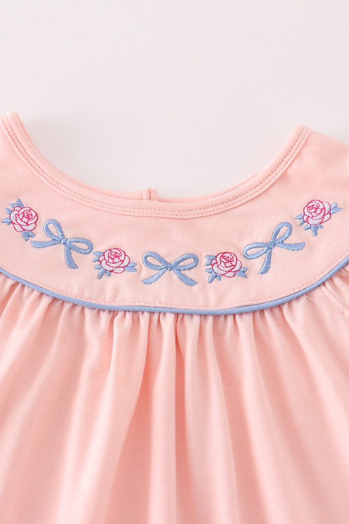 Pink Rose Bow Embroidery Dress