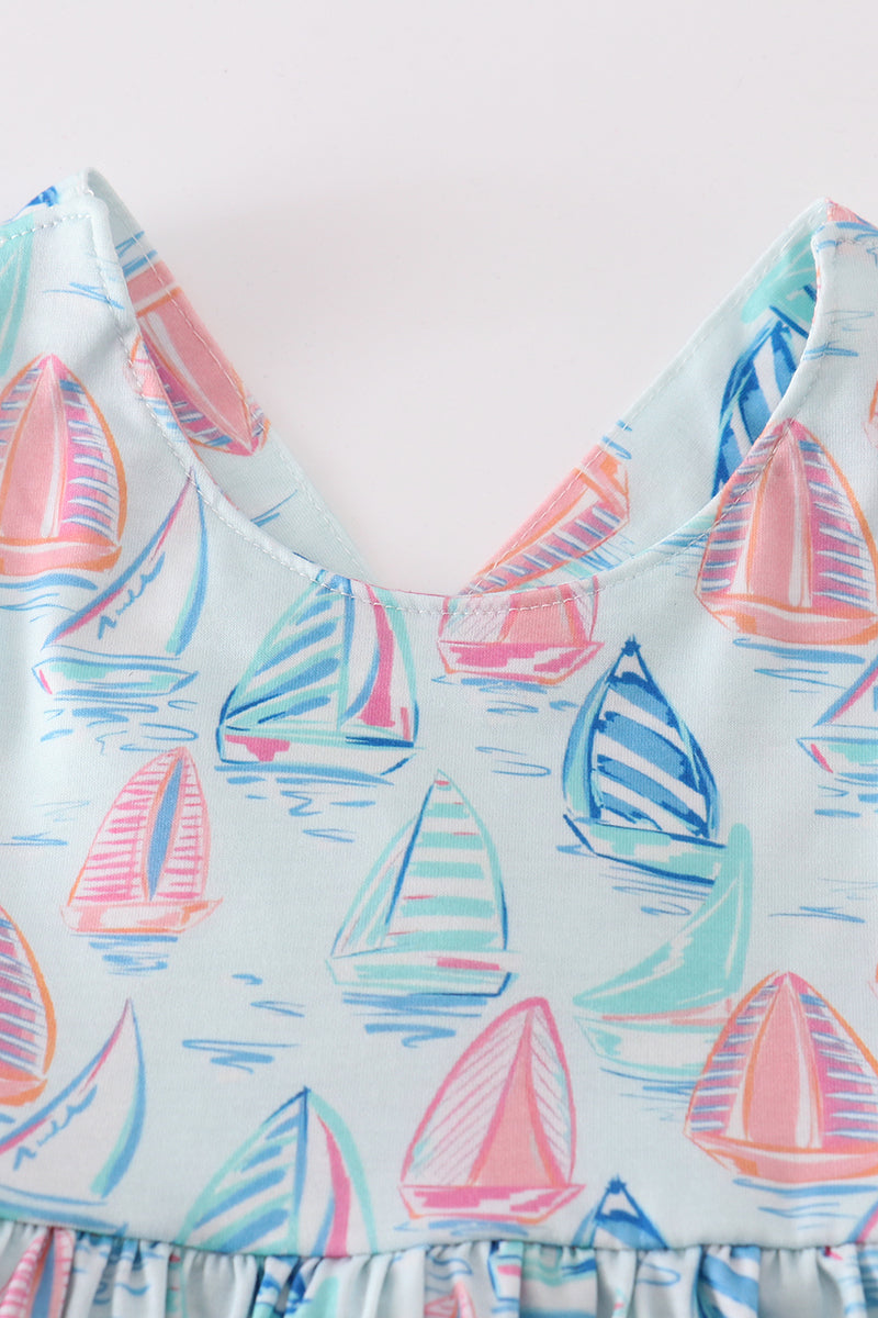 Green Sailboat Print Ruffle Girl Set