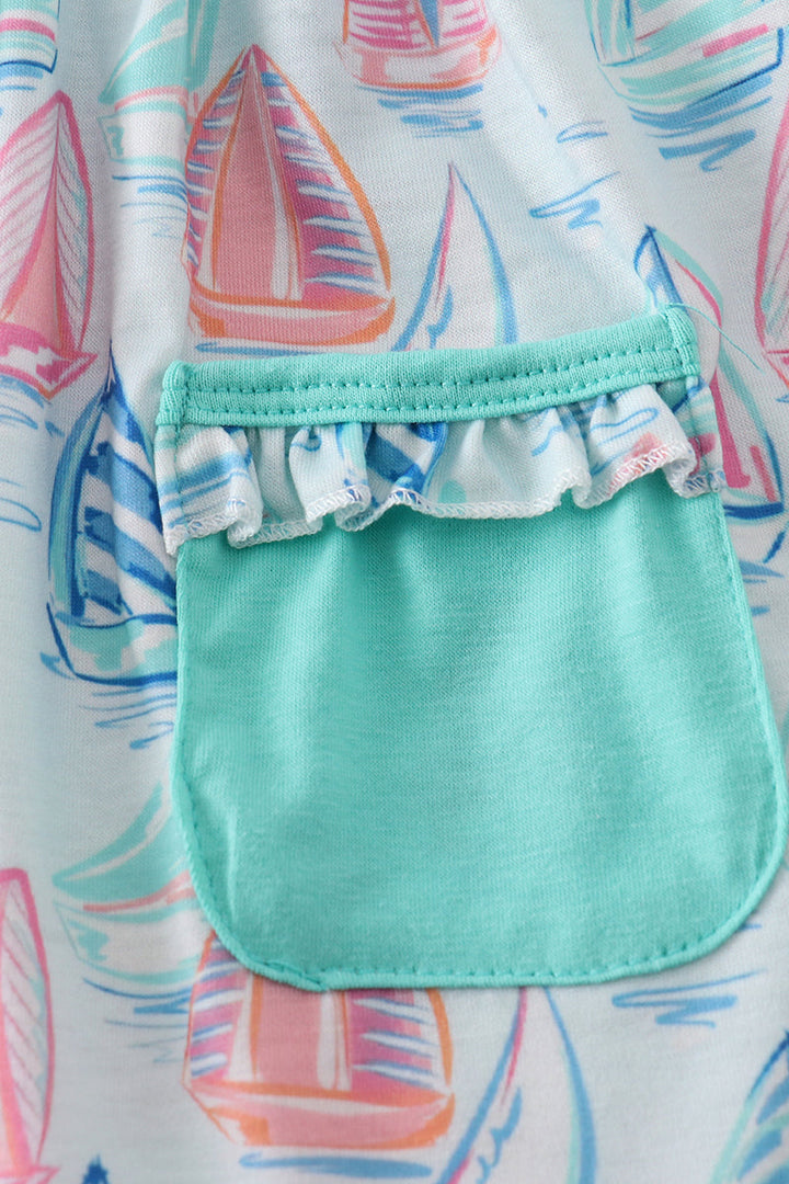 Green Sailboat Print Ruffle Girl Set