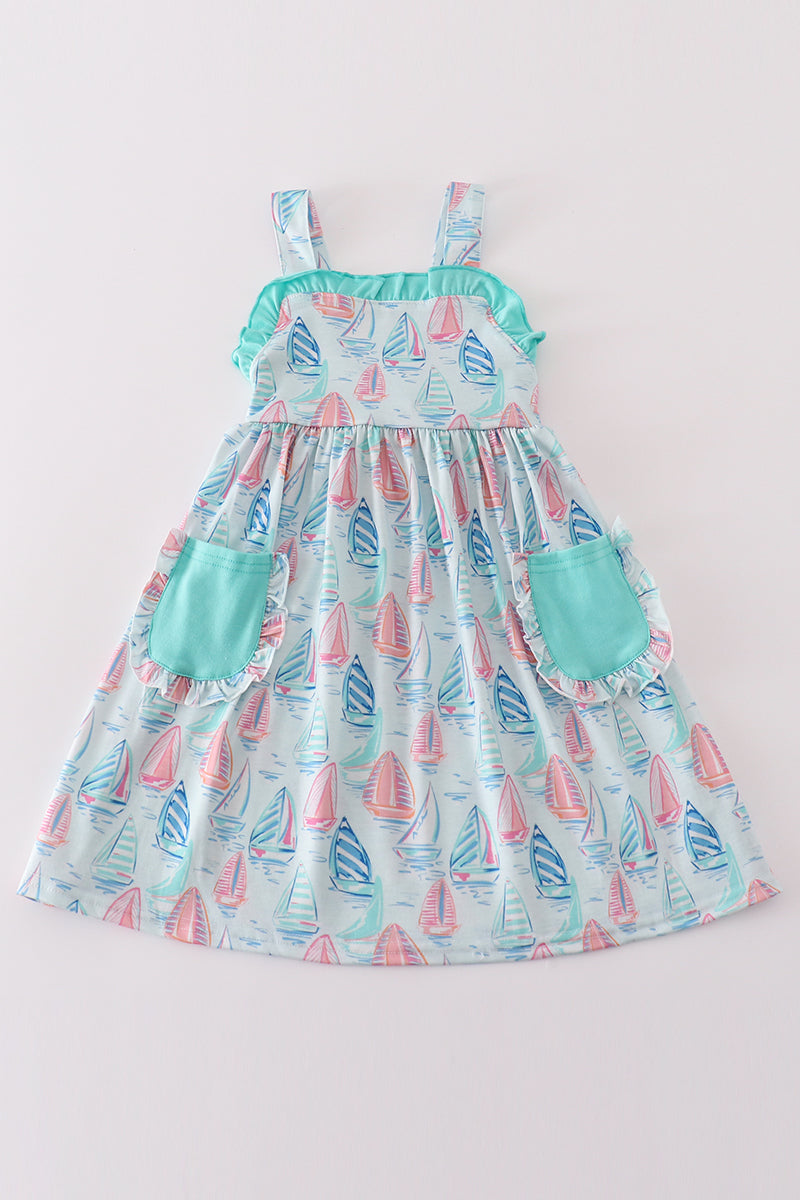 Green Sailboat Print Girl Dress