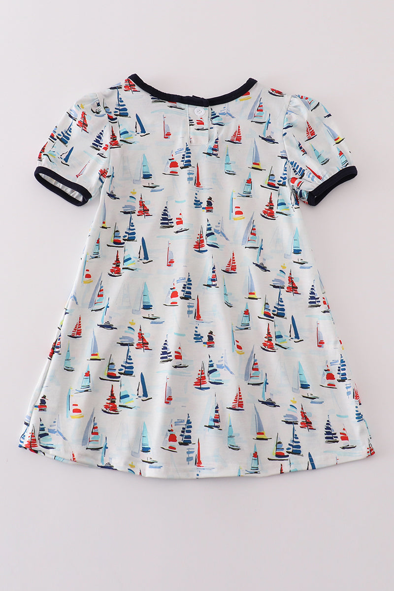 Navy Sailboat Print Girl Dress