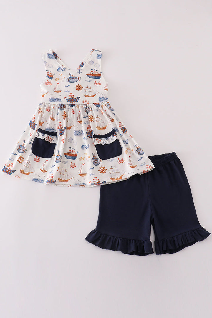 Navy Beach Print Girl Set