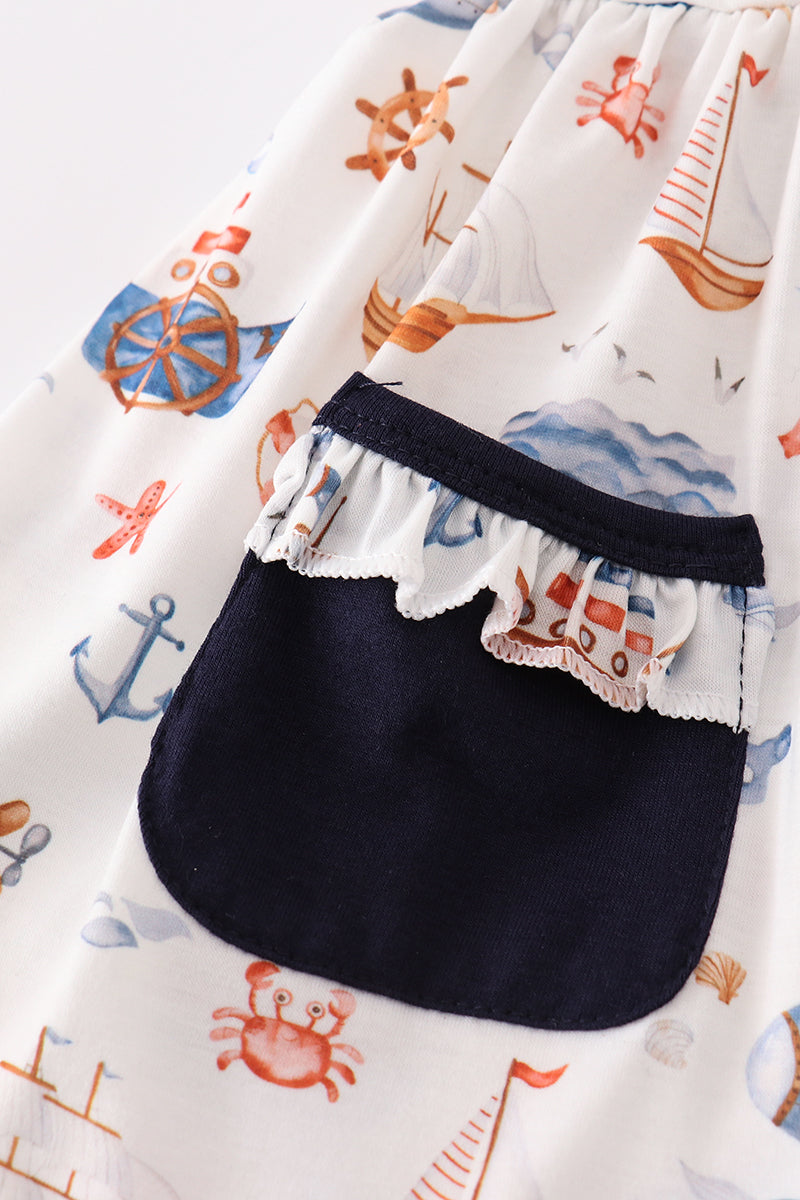 Navy Beach Print Girl Set