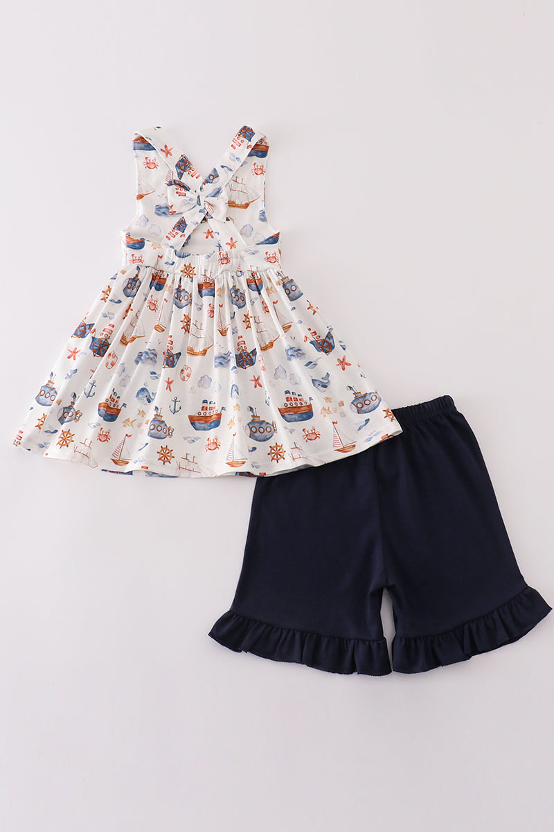 Navy Beach Print Girl Set