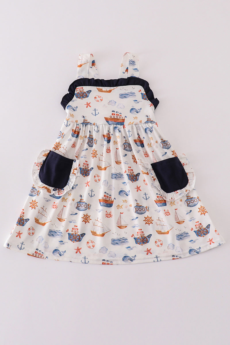 Navy Beach Print Girl Dress