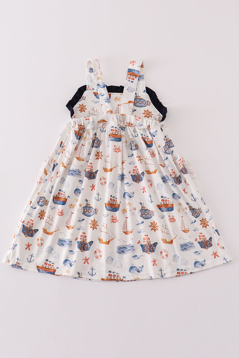 Navy Beach Print Girl Dress