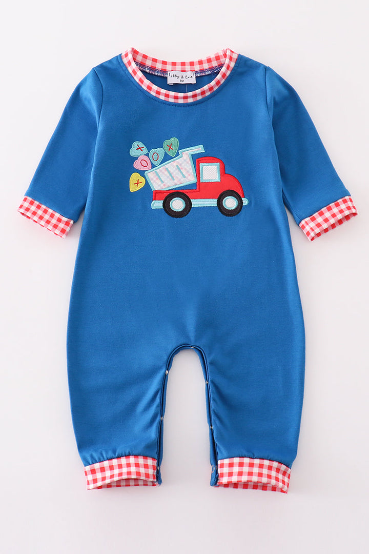 Blue Truck Heart Applique Boy Romper