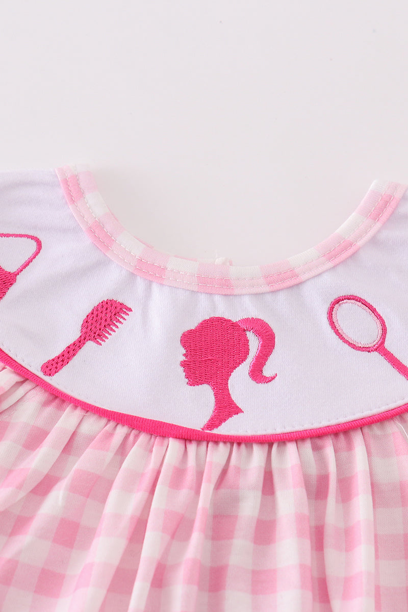 Pink Barbie Embroidery Gingham Girl Bubble