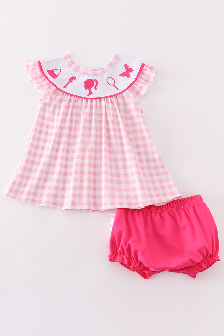 Pink Barbie Embroidery Gingham Girl Bloomer Set