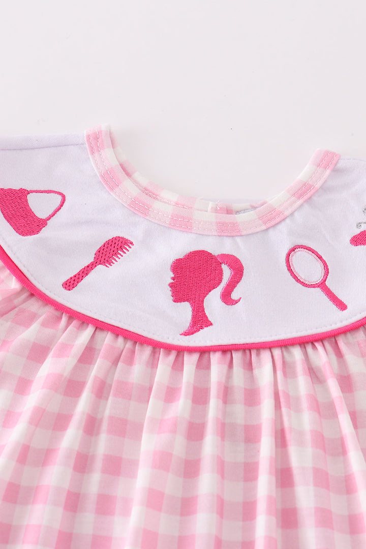 Pink Barbie Embroidery Gingham Girl Bloomer Set