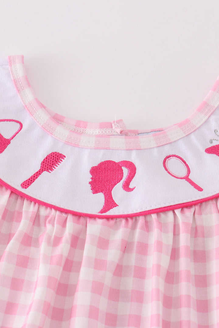 Pink Barbie Embroidery Gingham Girl Set