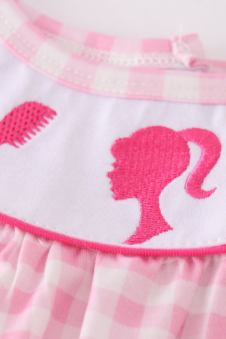 Pink Barbie Embroidery Gingham Girl Set