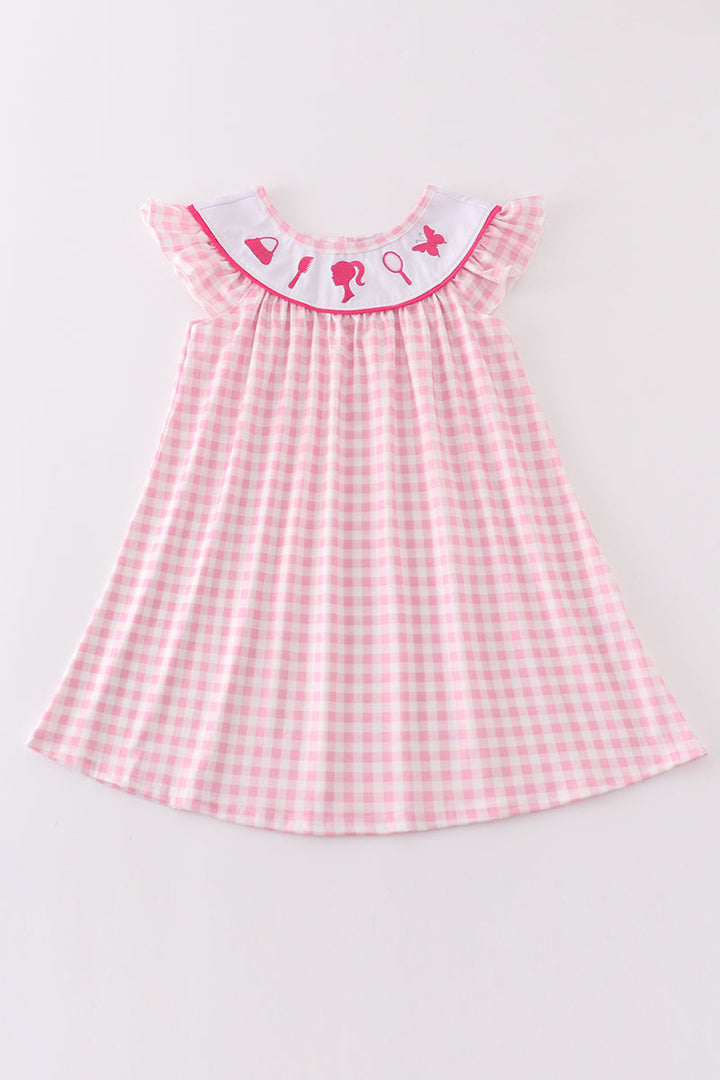 Pink Barbie Embroidery Gingham Girl Dress