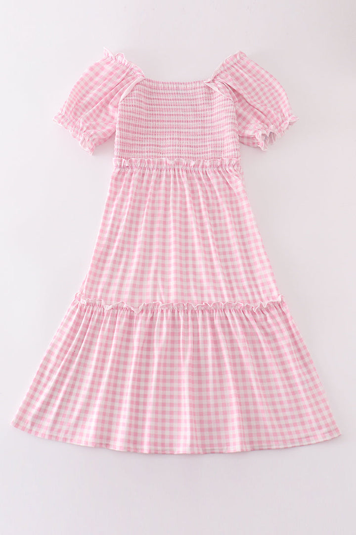 Pink Gingham Smocked Women Dress