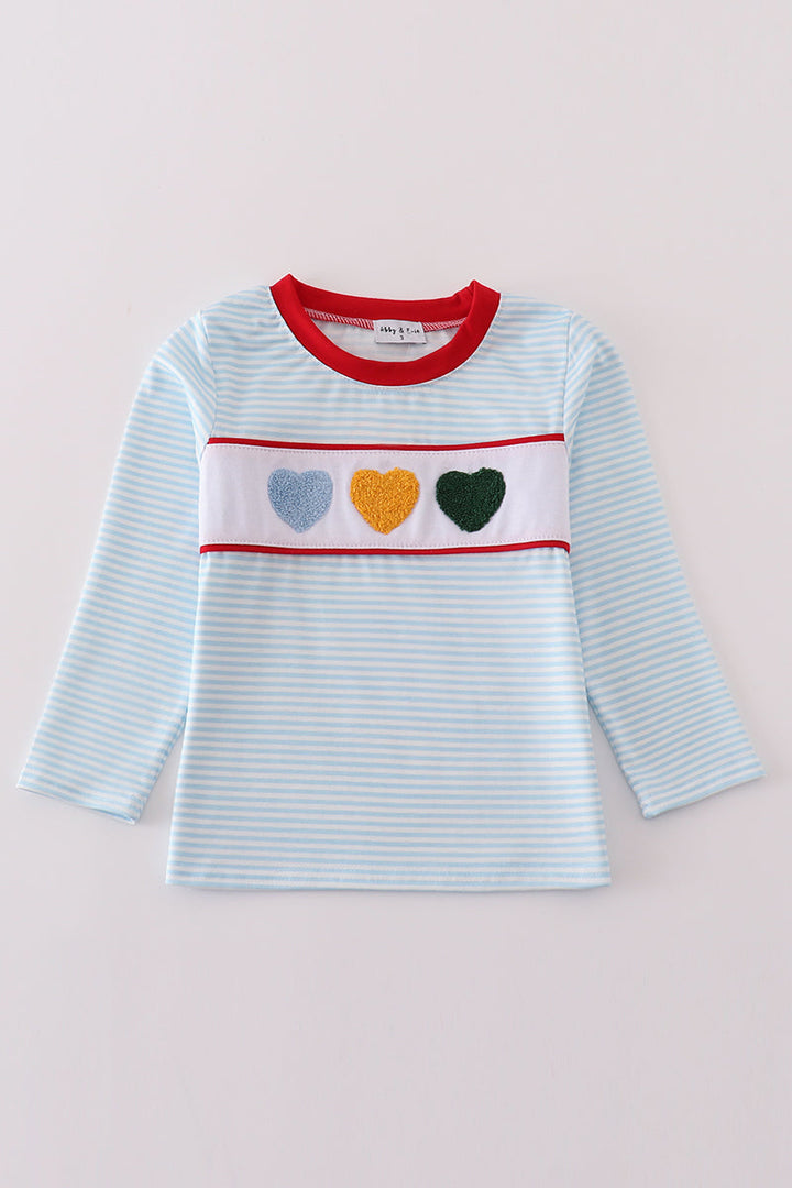 Blue Stripe Heart French Knot Boy Top