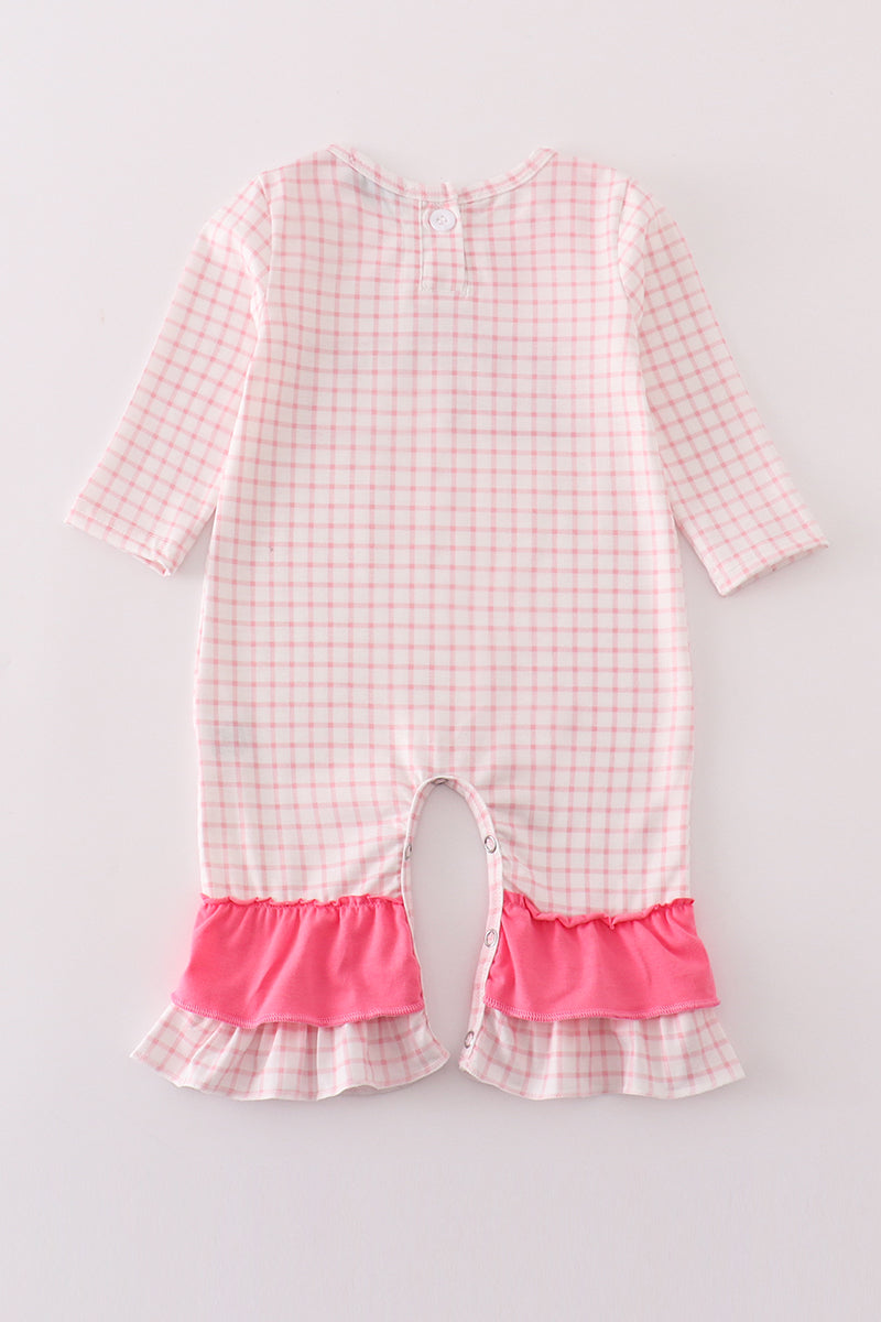 Pink Plaid Heart Embroidery Girl Romper