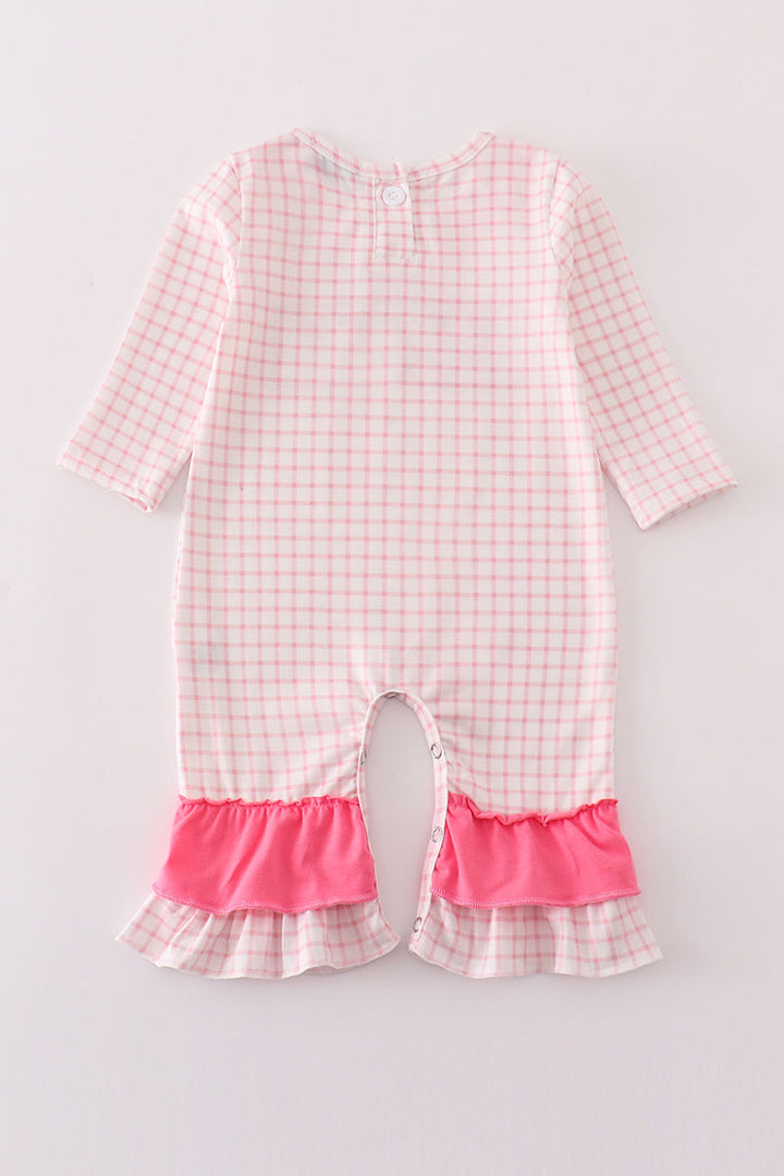 Pink Plaid Heart Embroidery Girl Romper