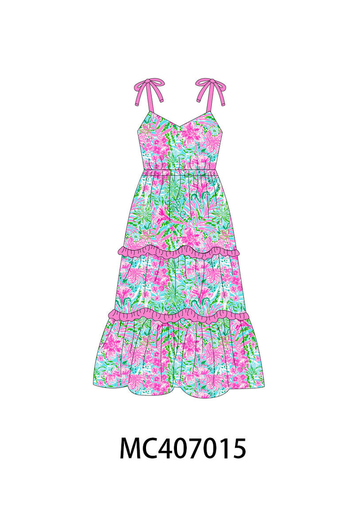 Pink Palm Paradise Print Tiered Mom Dress