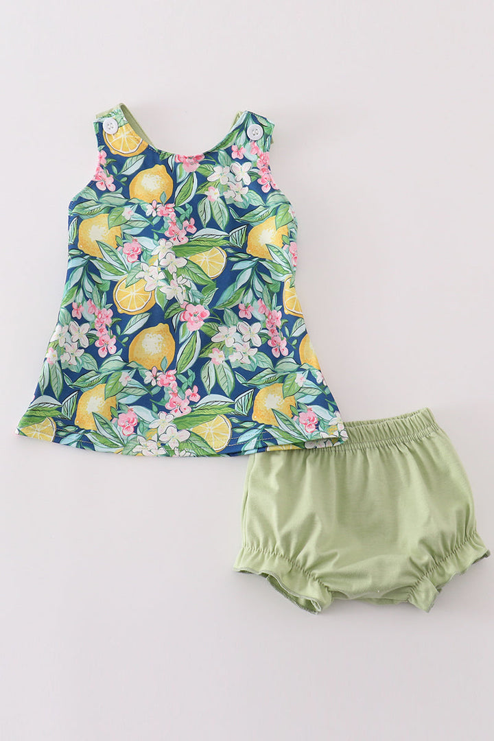 Greem Lemon Print Girl Bloomer Set