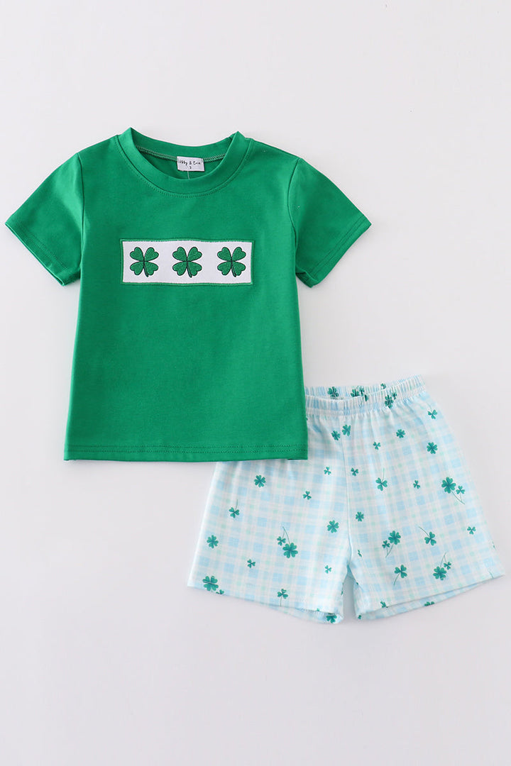 Green Lucky Clover Embroidery Boy Set