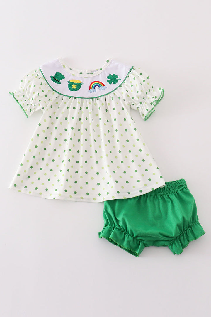 Green Lucky Clover Embroidery Girl Bloomer Set