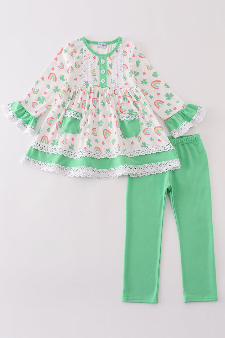 Green Rainbow Clover Girl Pants Set