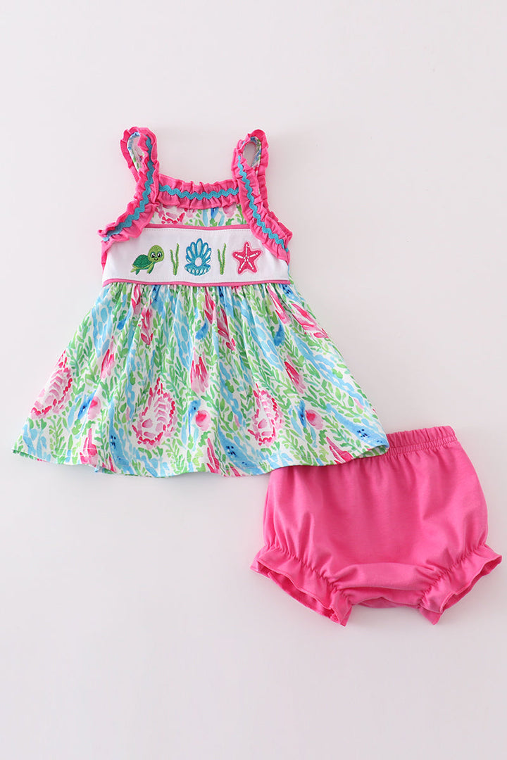 Green Island Breeze Embroidery Girl Bloomer Set