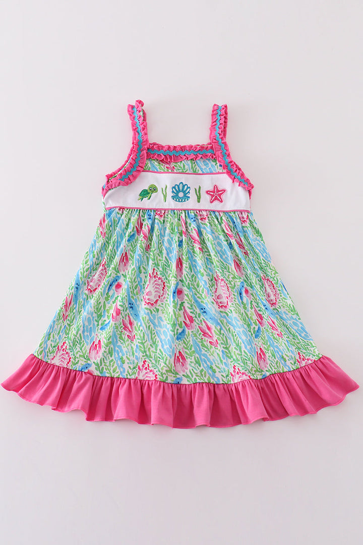 Green Island Breeze Embroidery Girl Dress