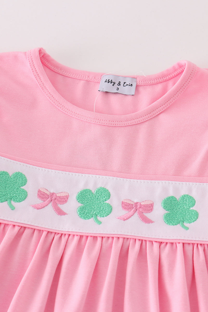 Pink Green Bow Clover Embroidery Girl Set