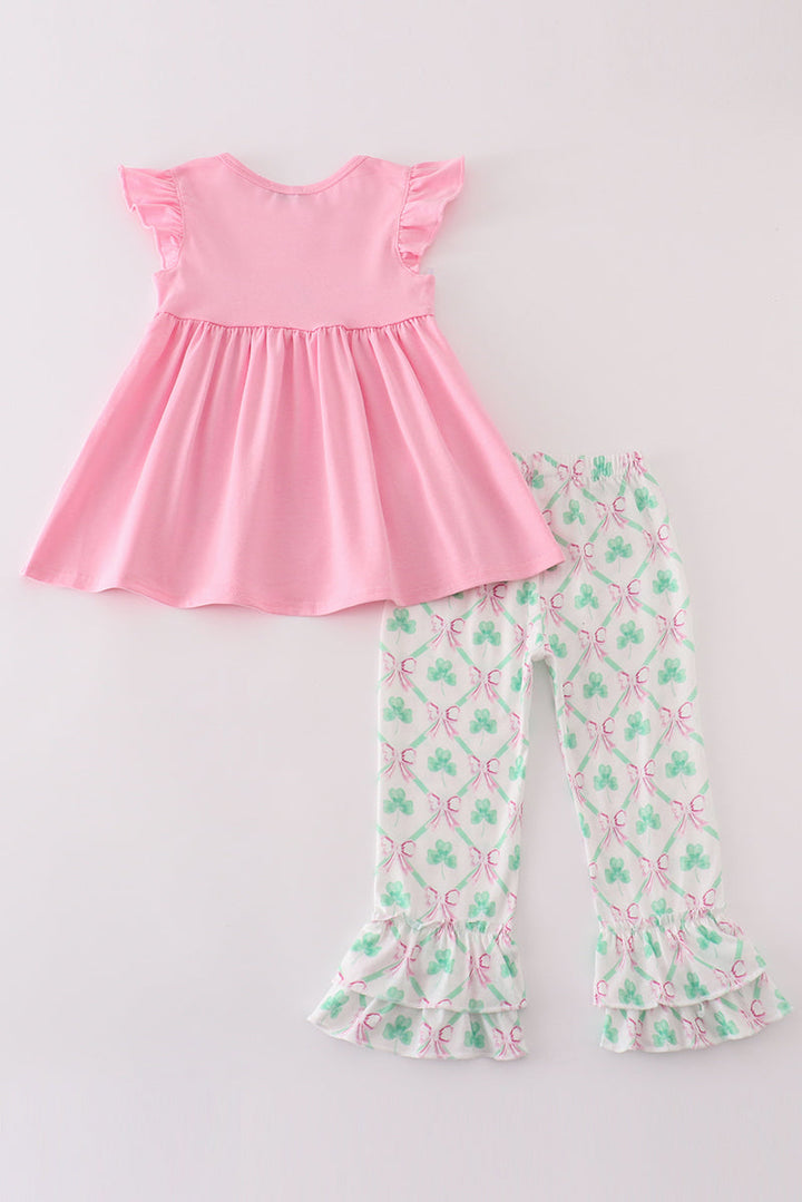 Pink Green Bow Clover Embroidery Girl Set