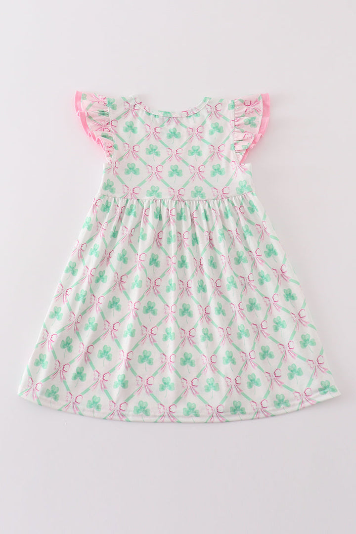 Pink Green Bow Clover Embroidery Girl Dress