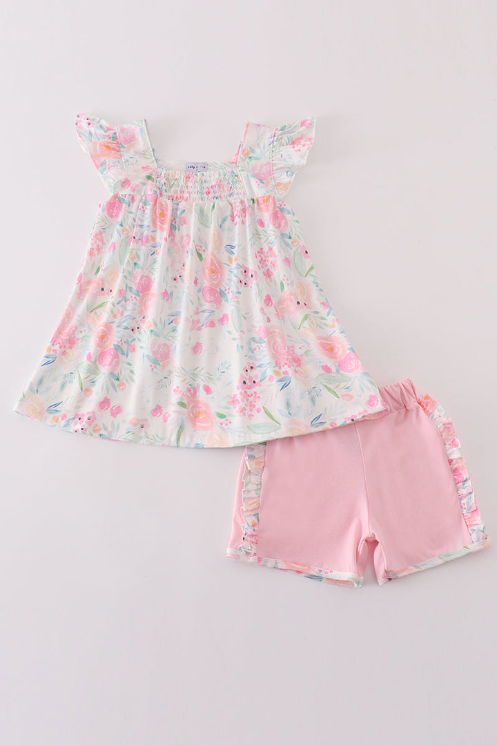 Pink Pastel Meadow Print Smocked Girl Set