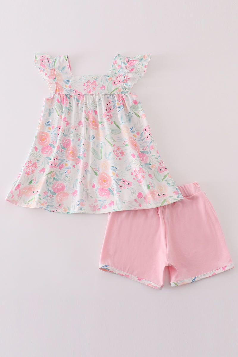 Pink Pastel Meadow Print Smocked Girl Set