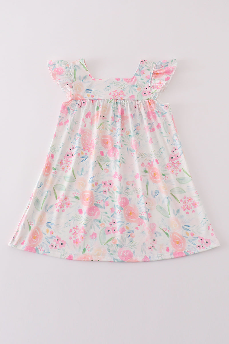 Pink Pastel Meadow Print Smocked Girl Dress