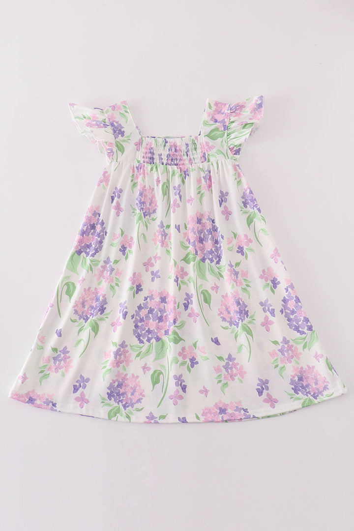 Purple Hydragena Print Smocked Girl Dress