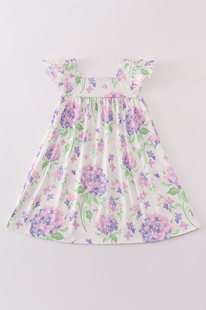 Purple Hydragena Print Smocked Girl Dress