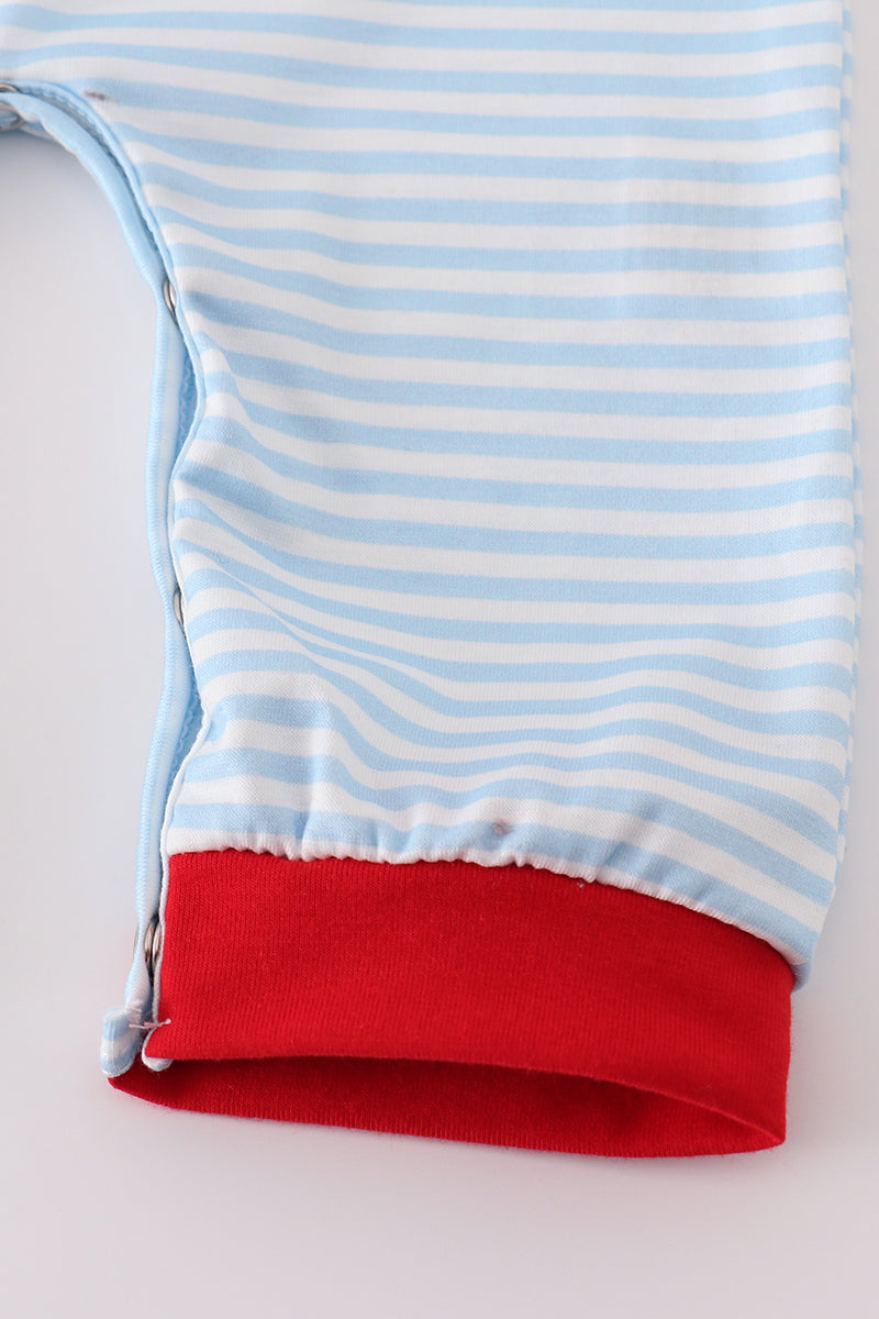 Blue Stripe Heart Embroidery Boy Romper