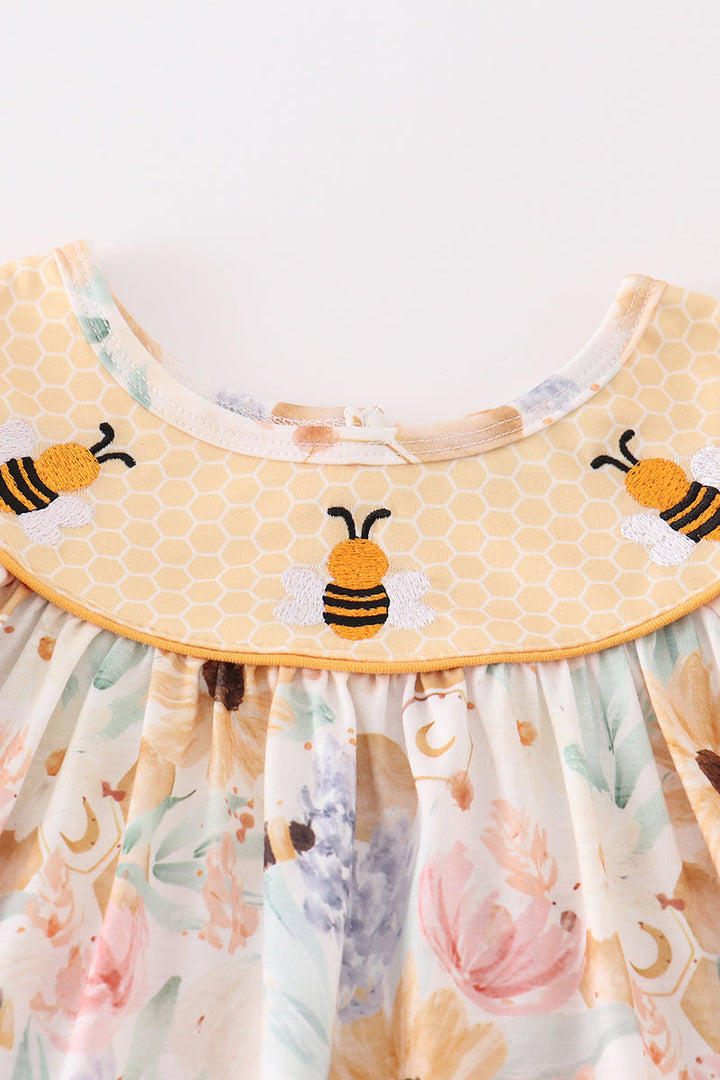 Yellow Bee Embroidery Girl Dress