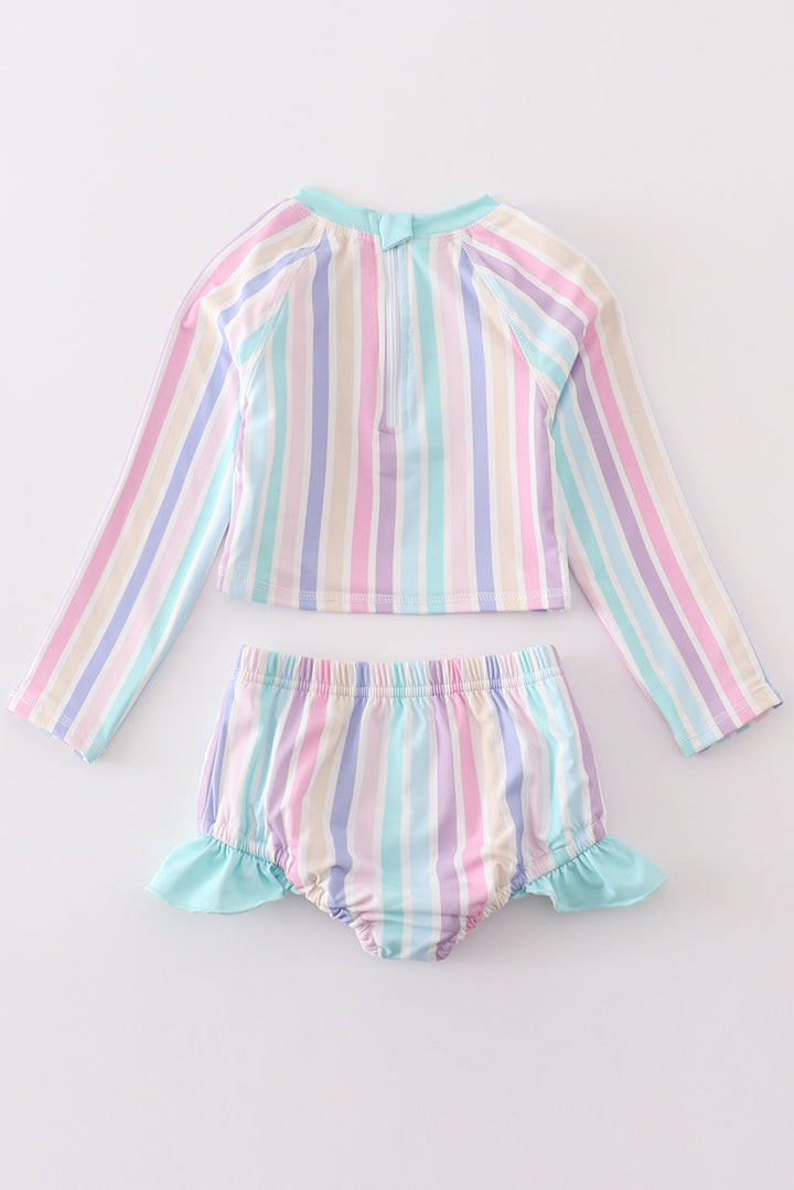 Multicolored Stripe Print Girl 2pc Swimsuit Set