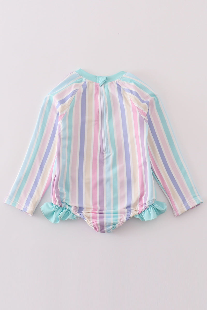 Multicolored Stripe Print Girl Long Sleeve Swimsuit