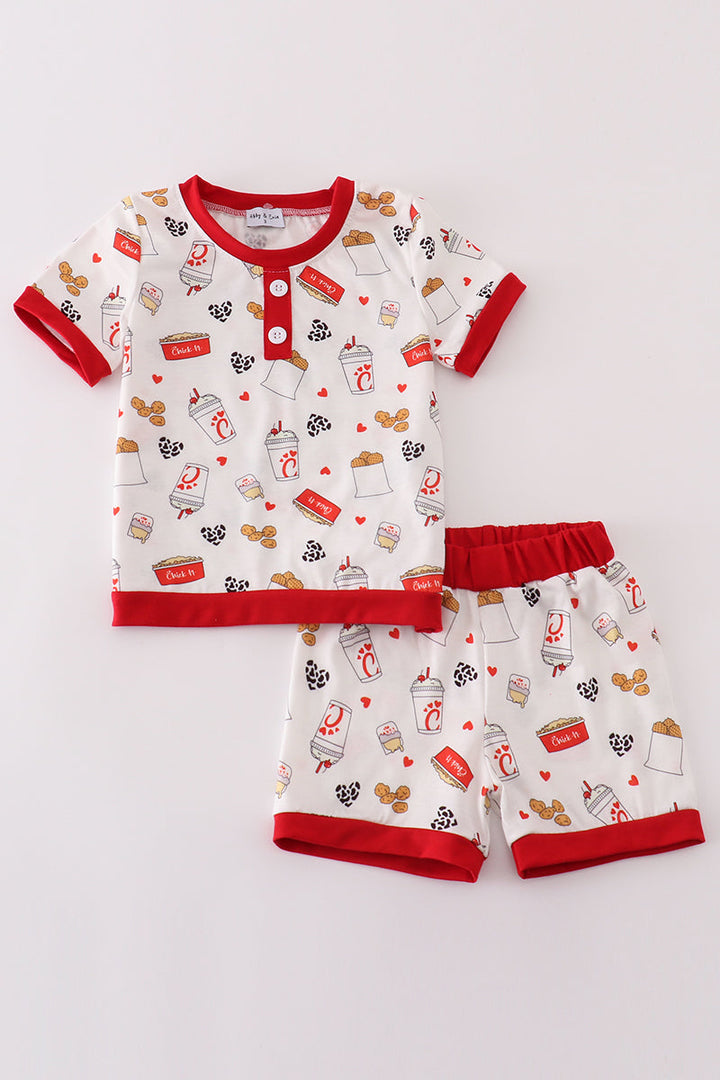 Red The Lord's Chicken Print Boy Pajamas Set