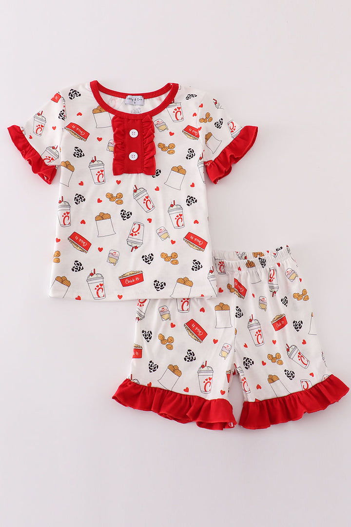 Red The Lord's Chicken Print Girl Pajamas Set