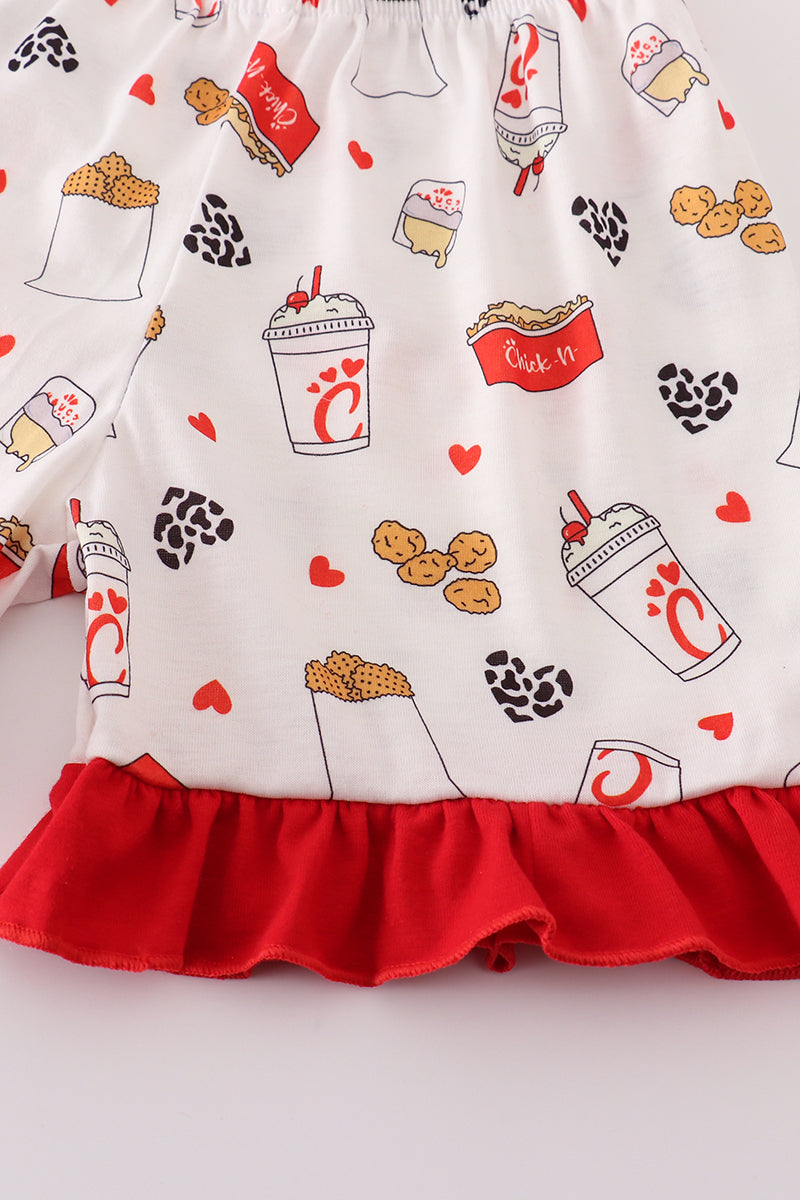 Red The Lord's Chicken Print Girl Pajamas Set