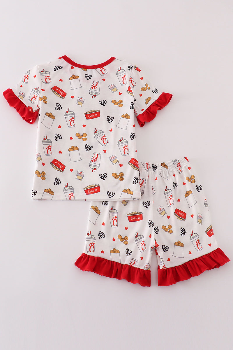 Red The Lord's Chicken Print Girl Pajamas Set