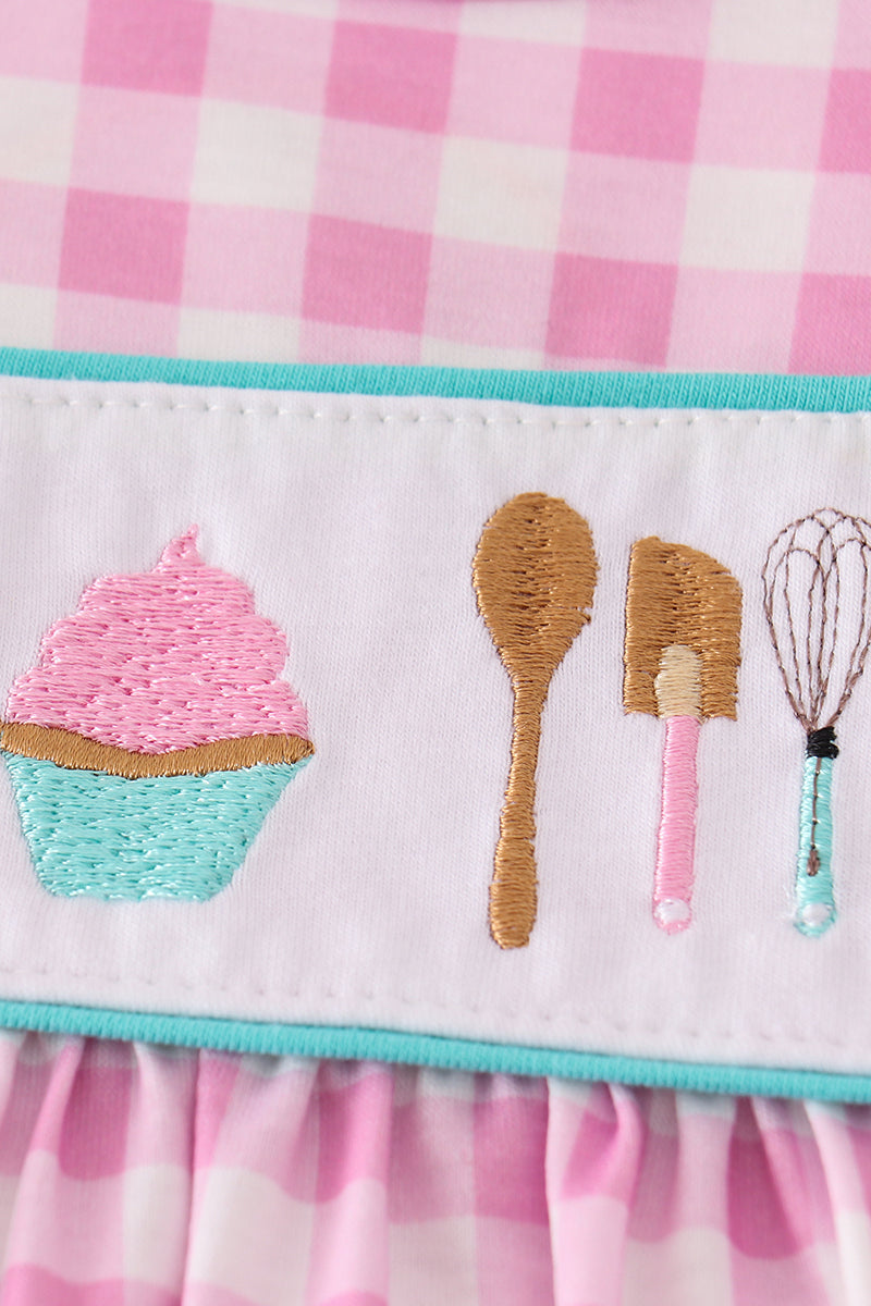 Pink Let's Baking Embroidery Girl Gingham Set