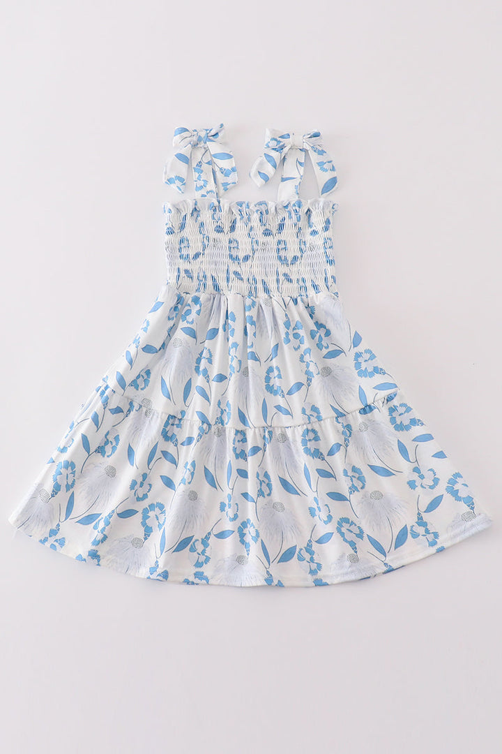 Blue Porcelain Petals Print Smocked Mom&me Dress