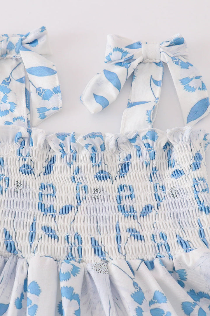 Blue Porcelain Petals Print Smocked Mom&me Dress